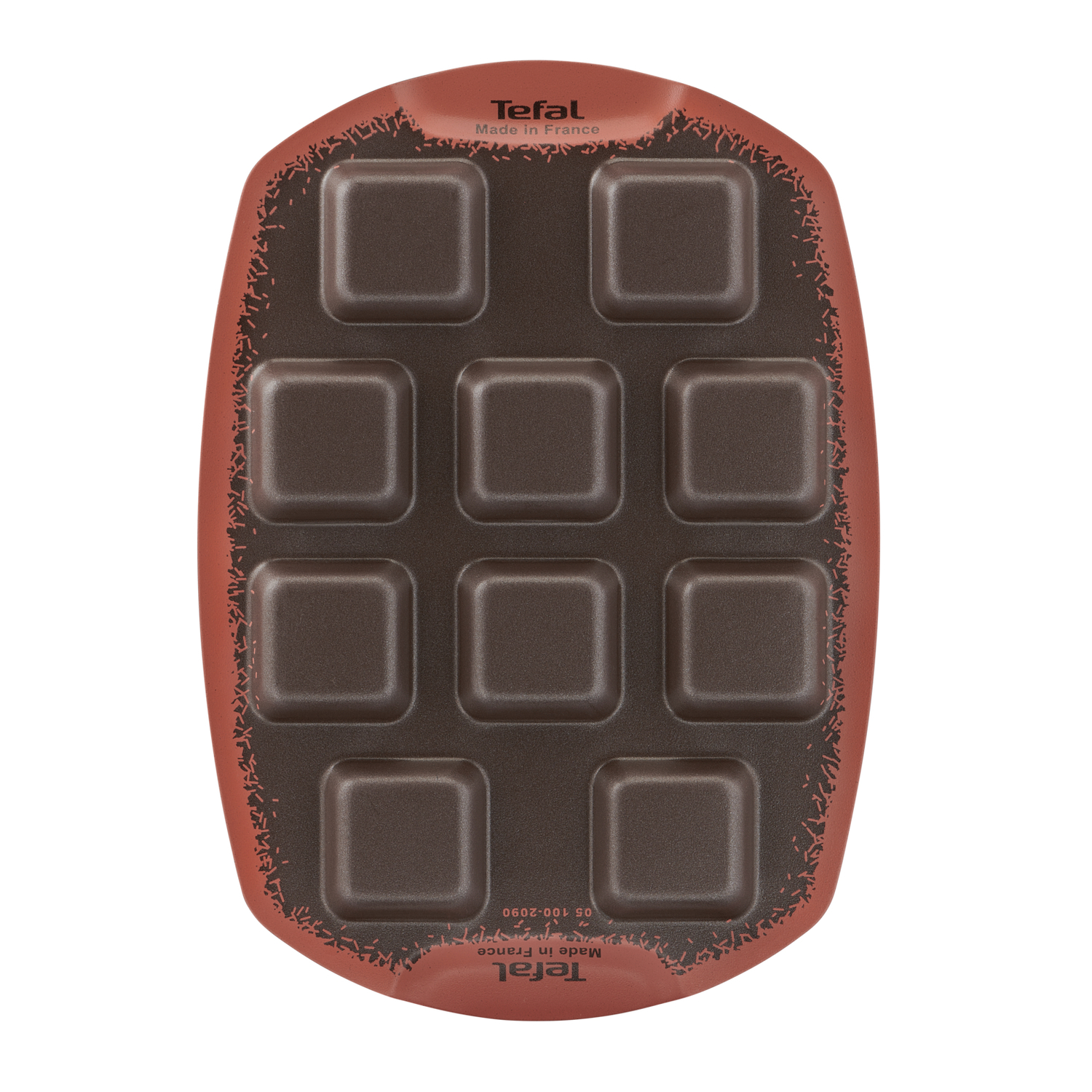 Bruine bakvorm met vierkante inkepingen. Tefal-logo is aanwezig.
