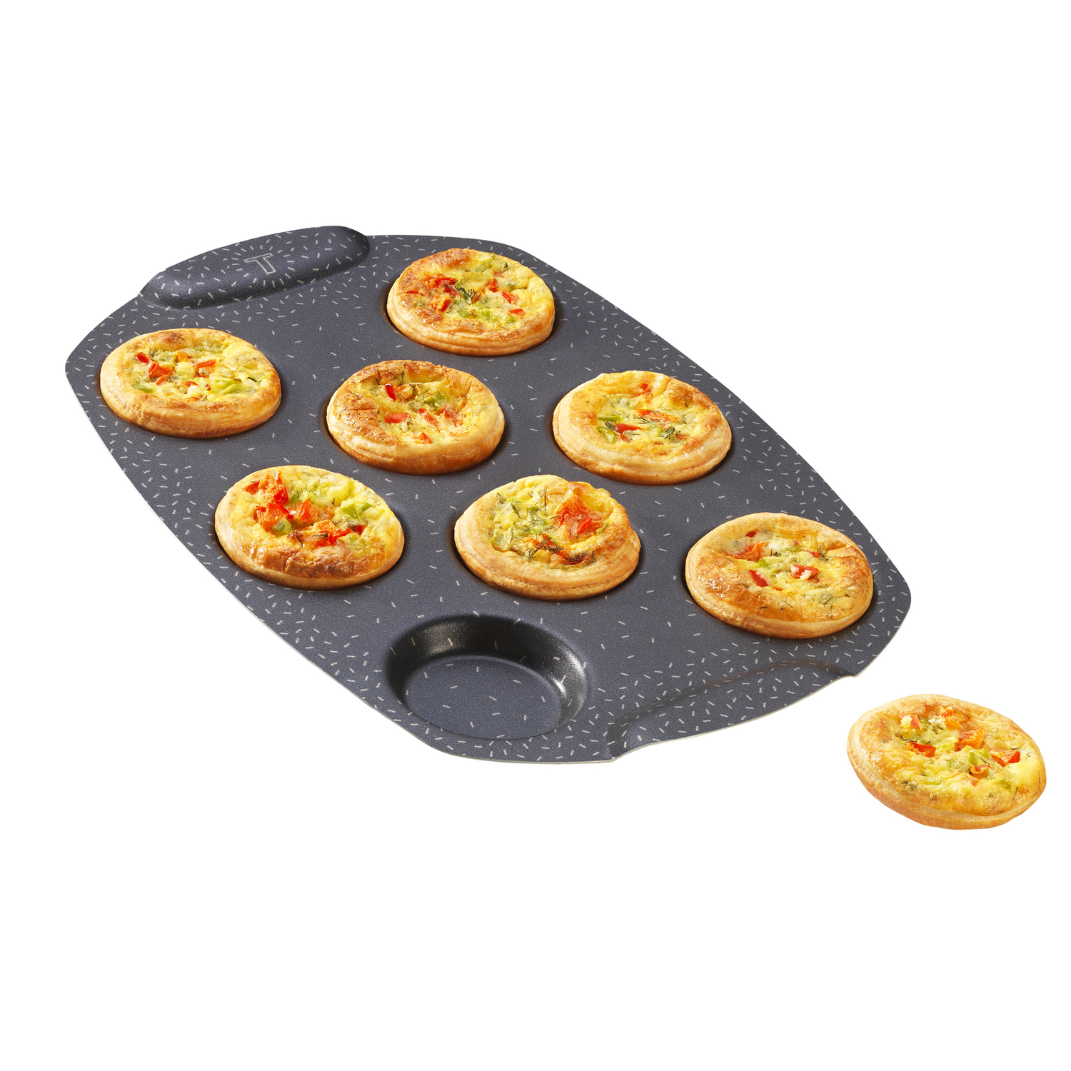 Plateau de cuisson gris foncé avec mini pizzas sur fond blanc.