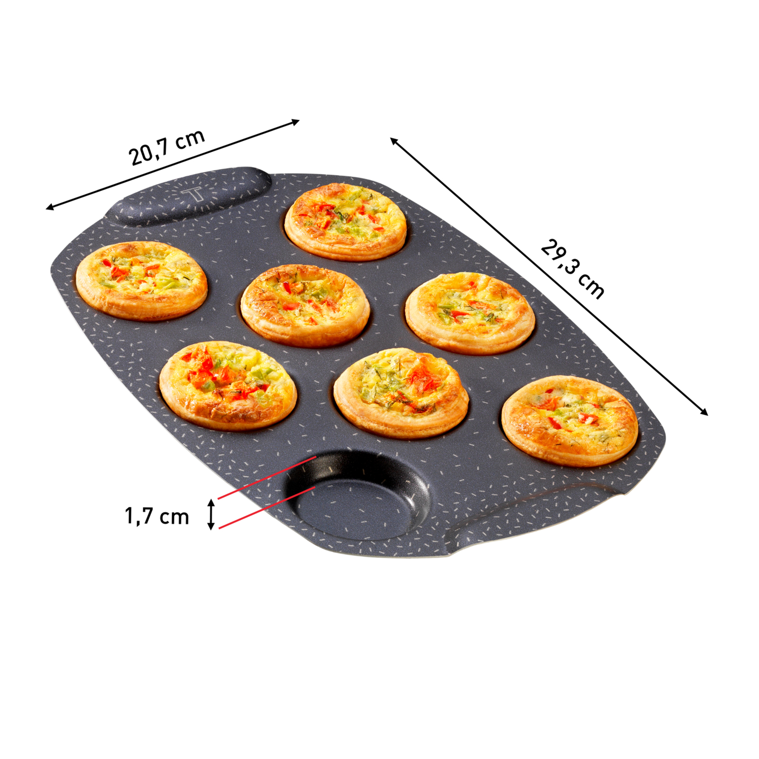 Un plat de cuisson gris avec des mini-pizzas, avec des dimensions et des étiquettes en cm.