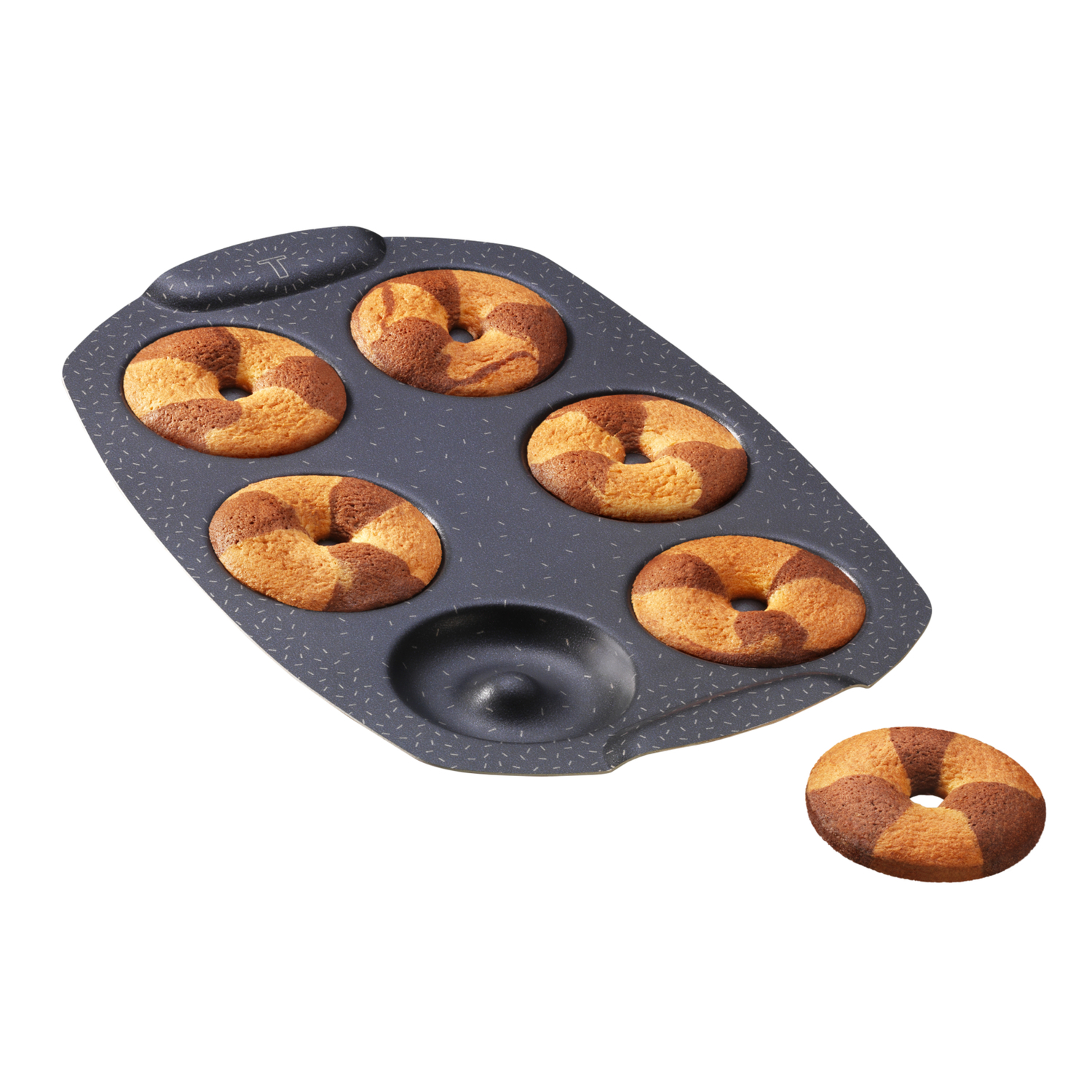 Muffin tin with baked, ring-shaped pastries, one removed from the tin.