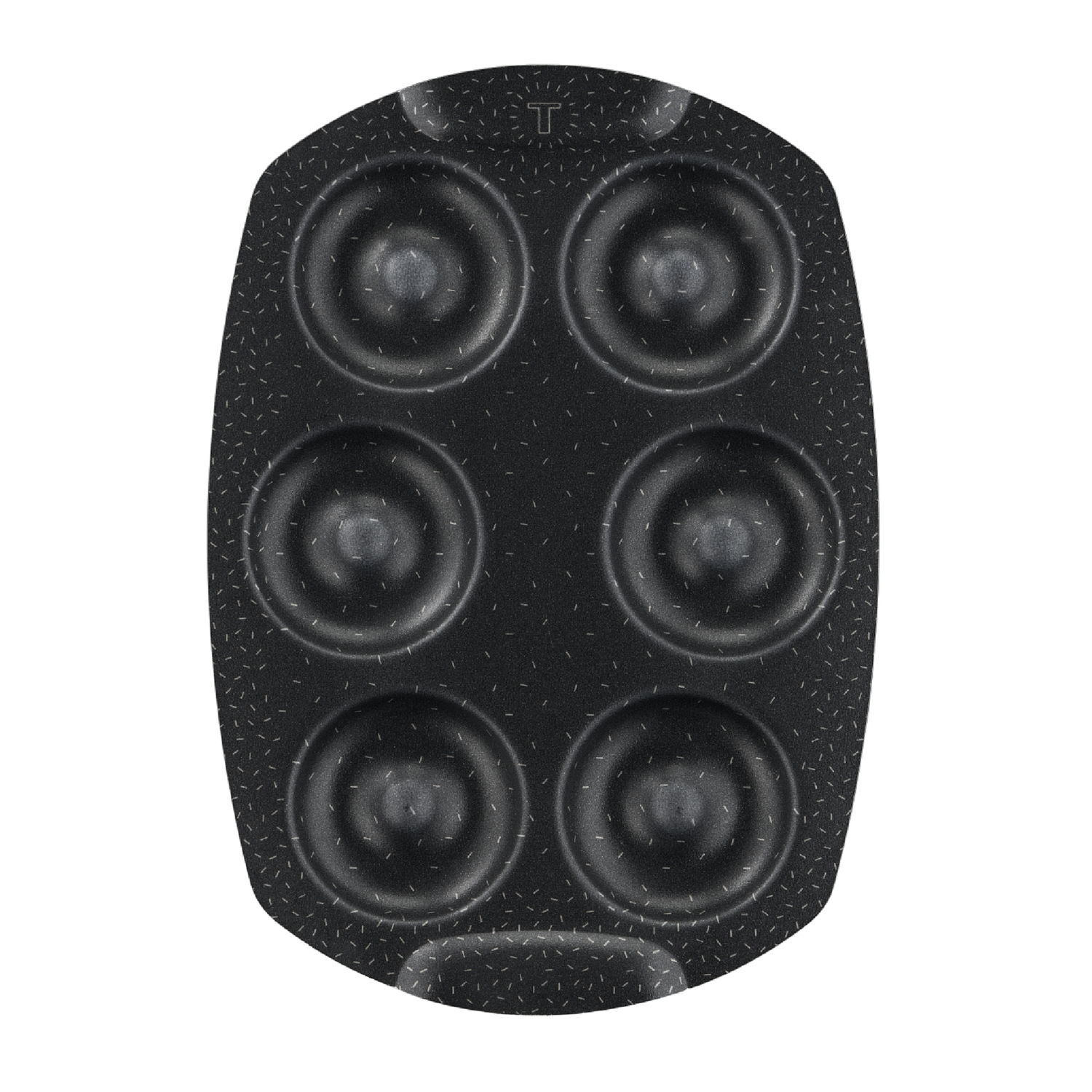 A black donut pan with six circular molds, with a textured surface and the letter 'T'.