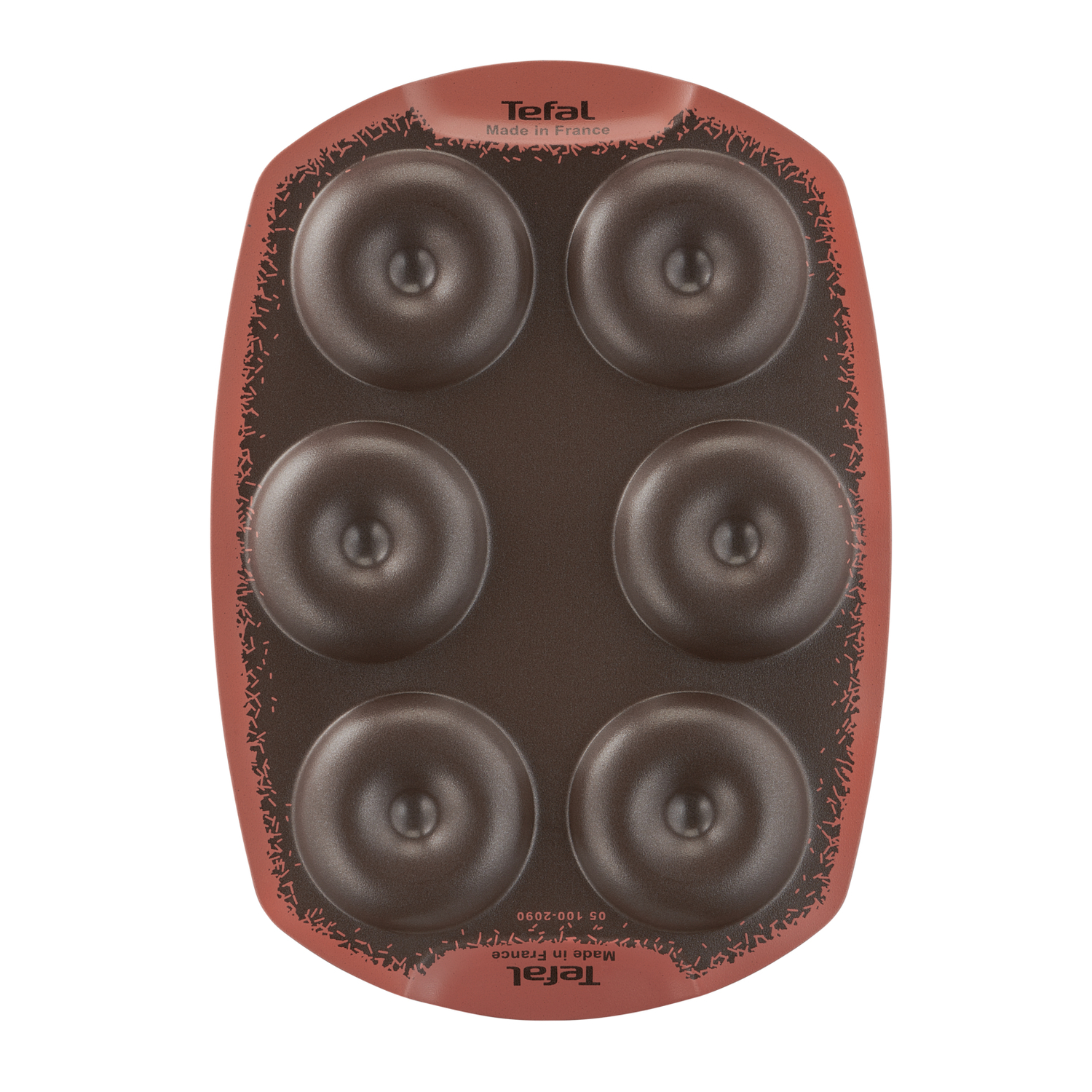 Brown donut pan with six indentations. Text reads 'Tefal Made in France'.