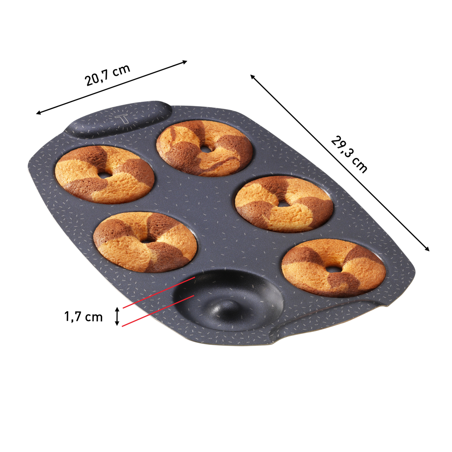 Donut baking tray with six baked donuts; dimensions are indicated on the image.