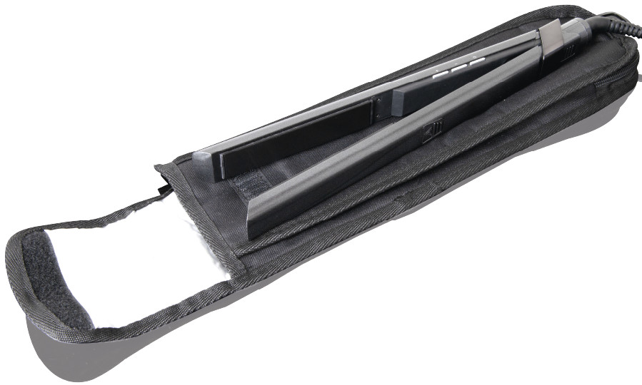 Hair straightener in a black case, with a white background.