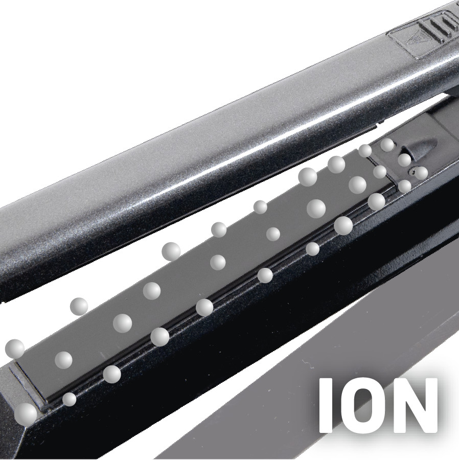 Close-up of a hair straightener, with an 'ION' label. Bubbles appear on the plates.
