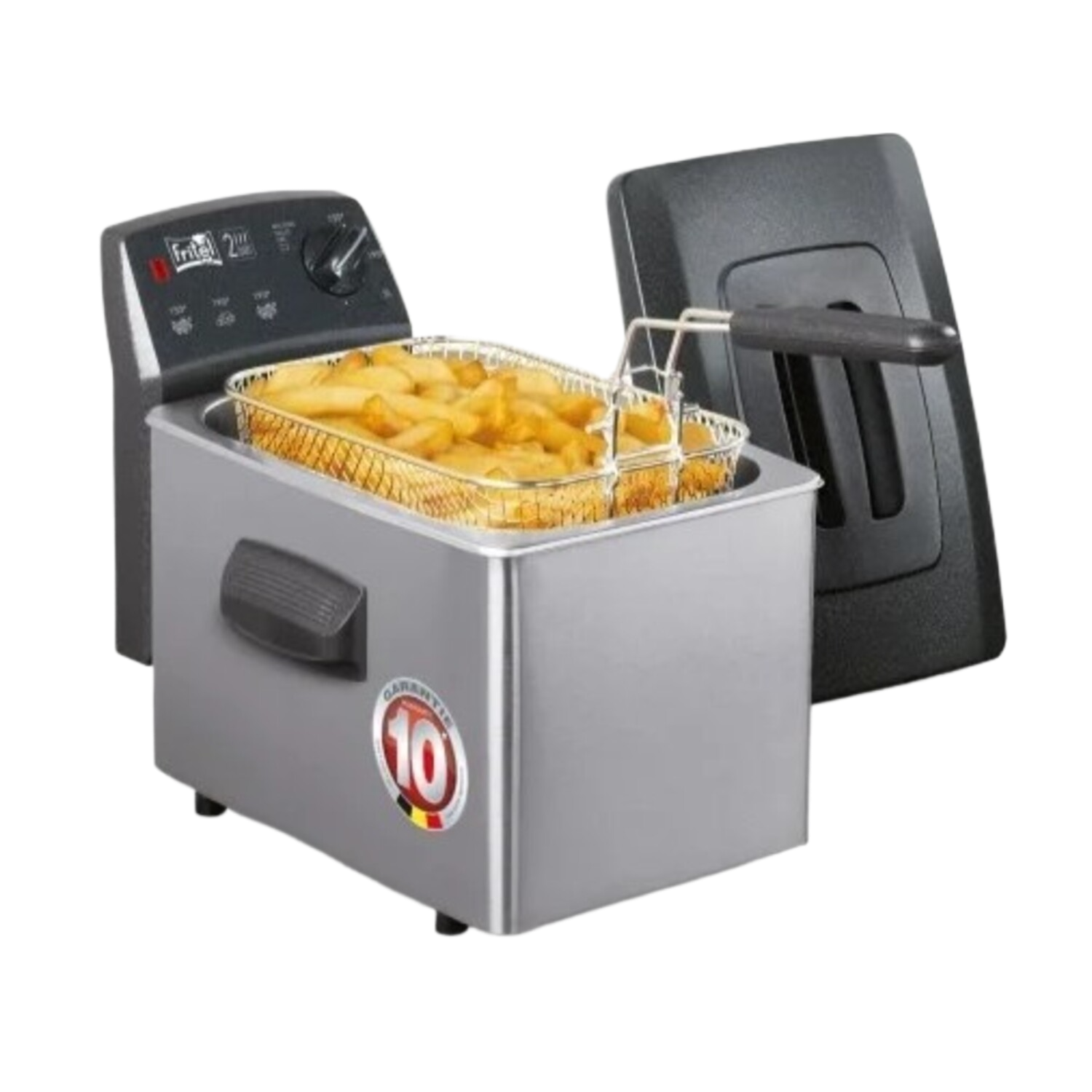 Friteuse argentée et noire avec frites dans un panier et un couvercle.