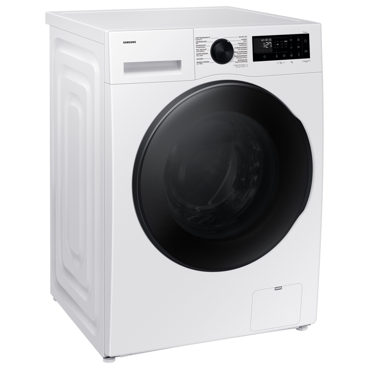 Witte wasmachine, vooraanzicht, met een zwarte deur en een bedieningspaneel bovenop.
