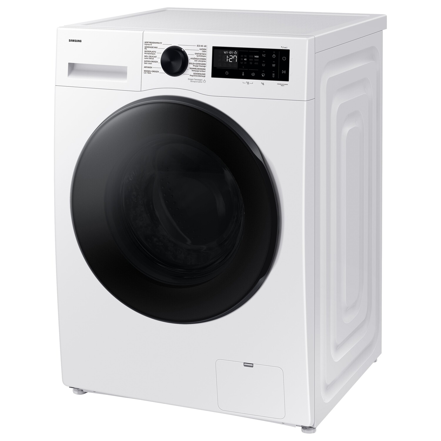 Witte Samsung wasmachine, vooraanzicht, met een zwarte deur en bedieningspaneel.