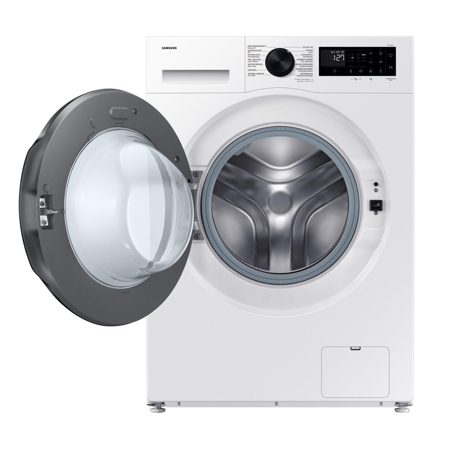 Witte wasmachine met open deur. Grijs deurkozijn en bedieningspaneel. Merk Samsung.