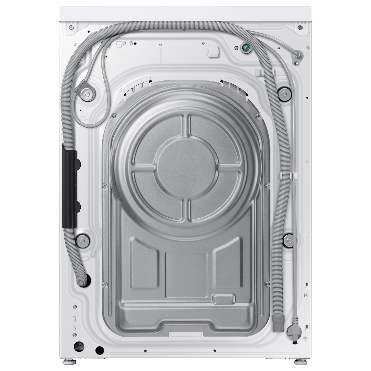 De achterkant van een witte wasmachine met slangen, een rond paneel en diverse aansluitingen.