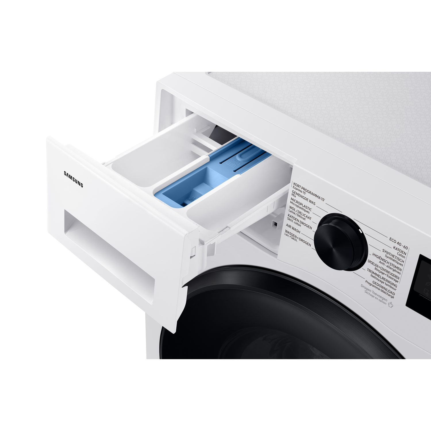 Wasmachine met open wasmiddellade. Witte machine met blauw compartiment.