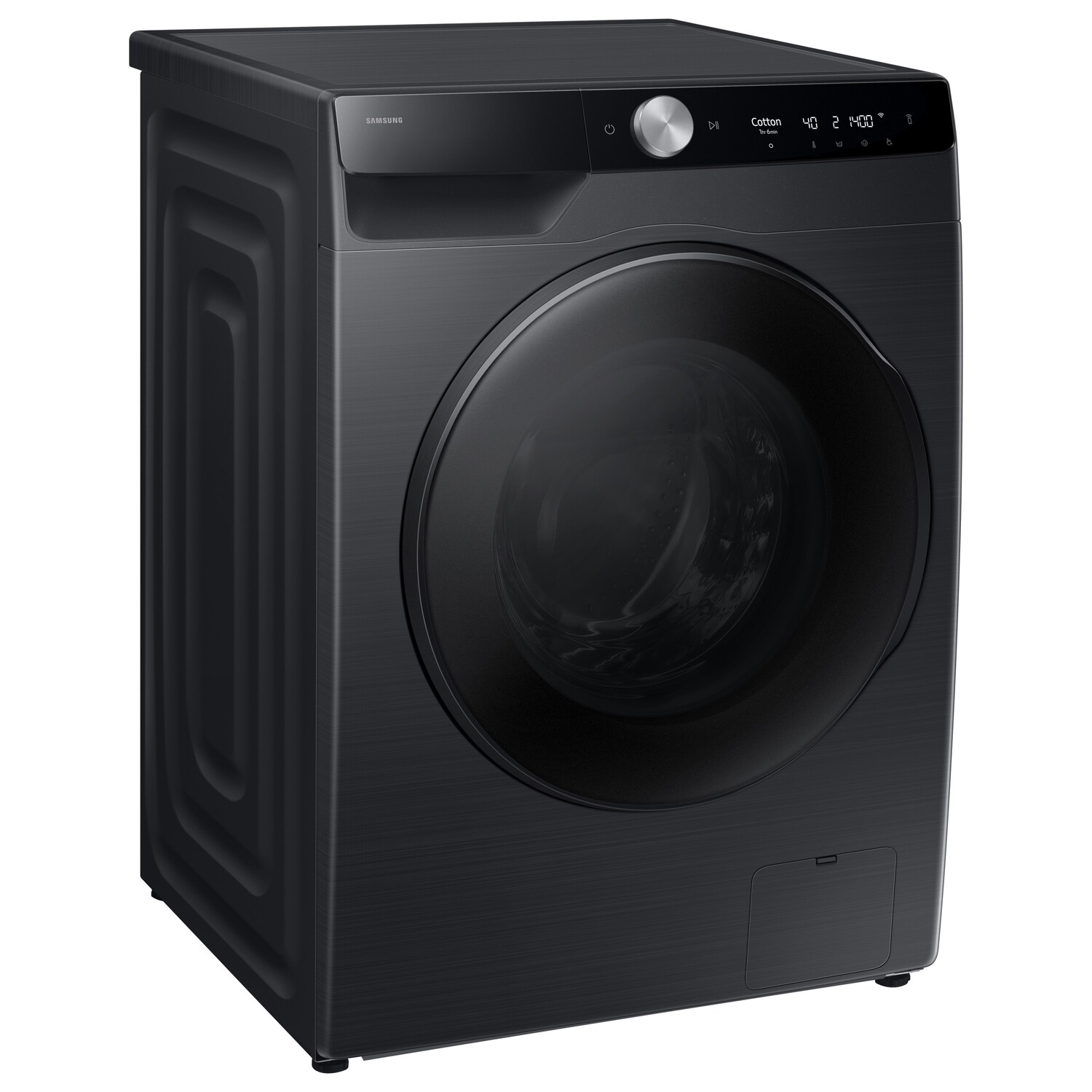 Black washing machine with a round door and a digital display. Samsung logo is visible.