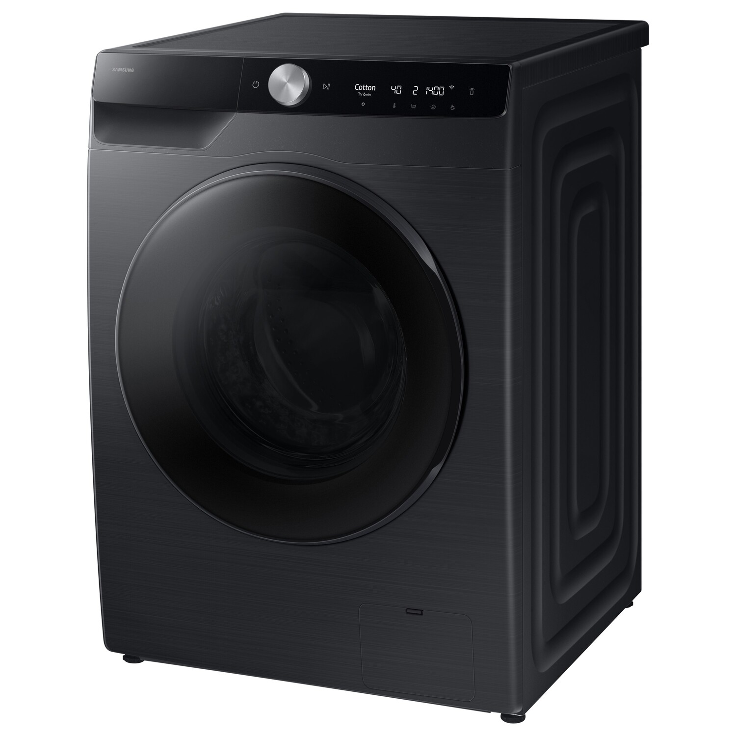 Black washing machine, front-load with closed door.