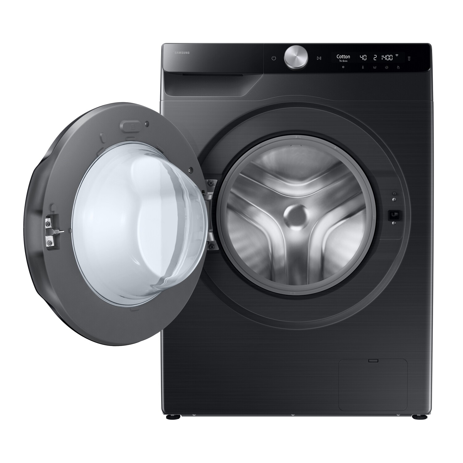 Black Samsung washing machine with open door, showing the interior drum.