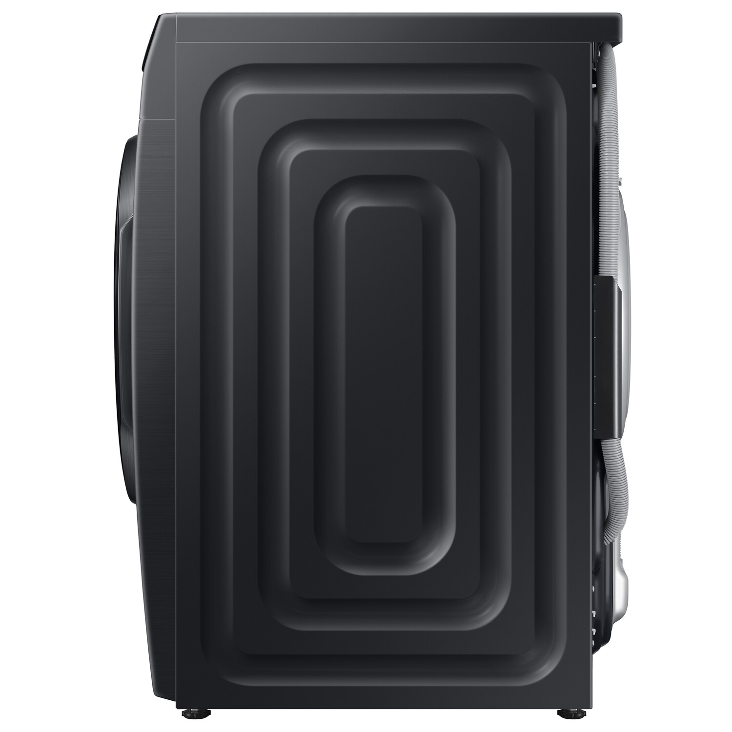 A side view of a black washing machine with a textured back panel and a hose on the right side.
