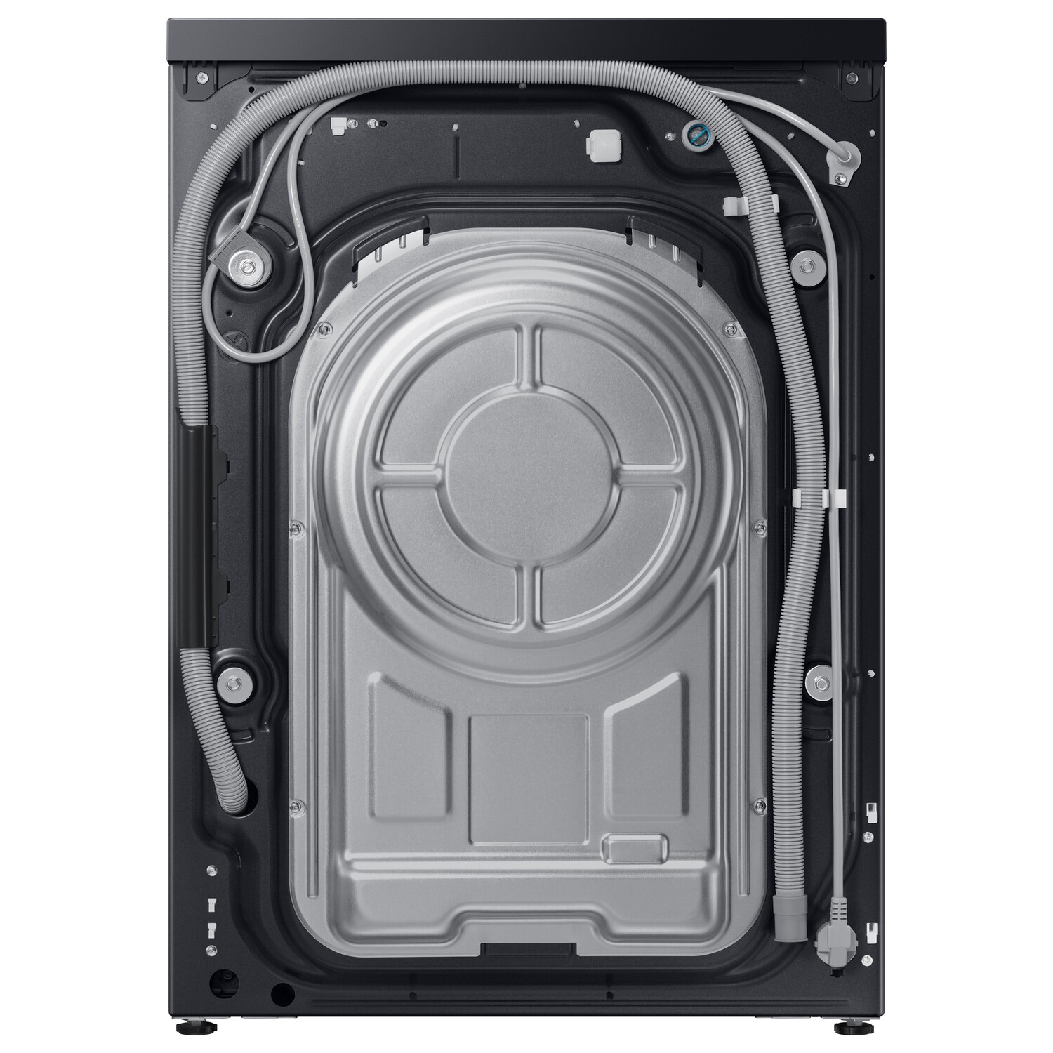 Back of a black washing machine with internal components visible, including hoses and a metal plate.