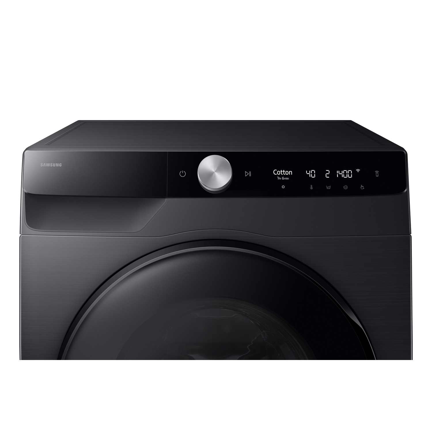 Front view of a black washing machine. Control panel with a dial and display.
