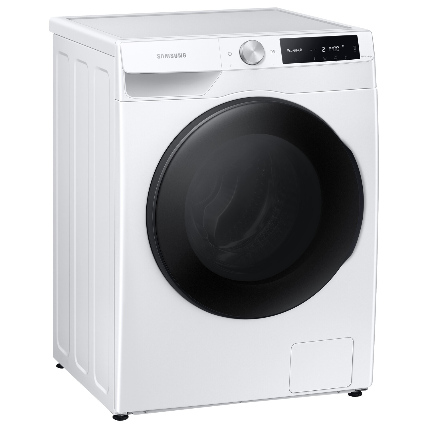White washing machine with a black door, angled view.