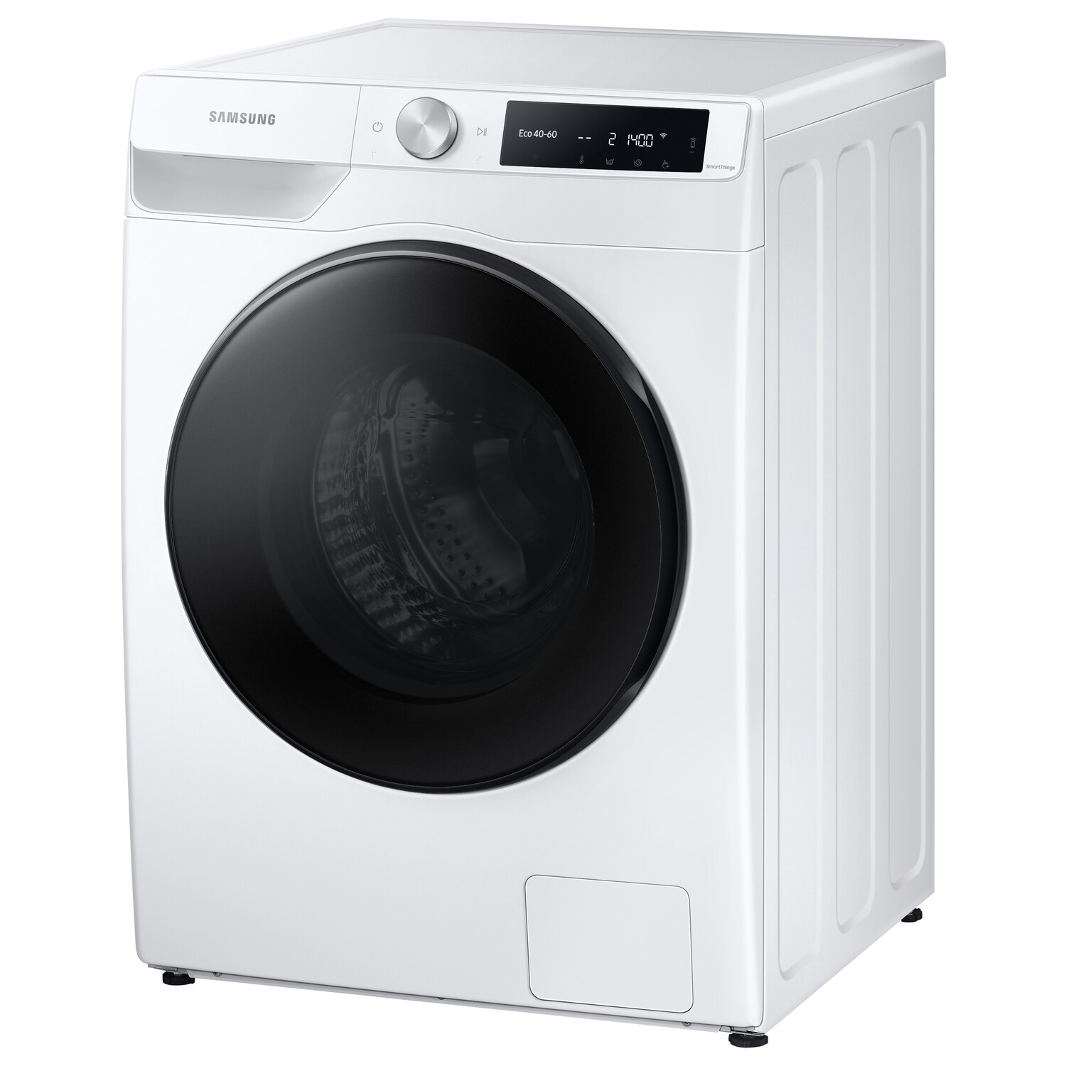 White Samsung washing machine, front view, with a black door and control panel.