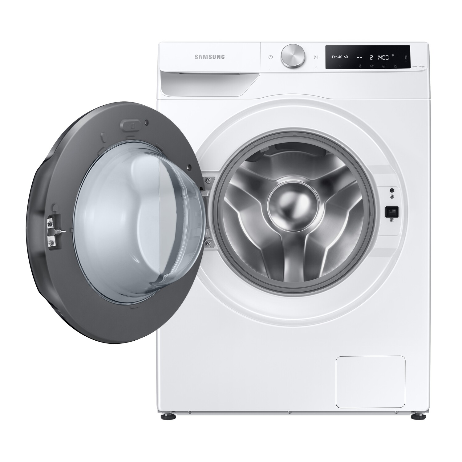 White washing machine with open door, showing the drum inside and a dark gray door frame.