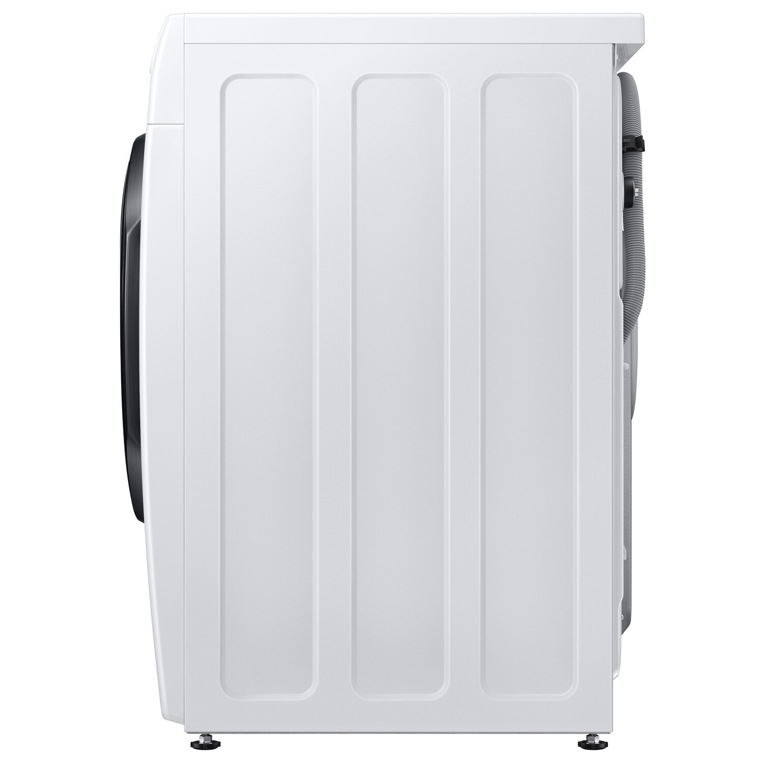 Side view of a white washing machine. Features a black door and a gray hose.