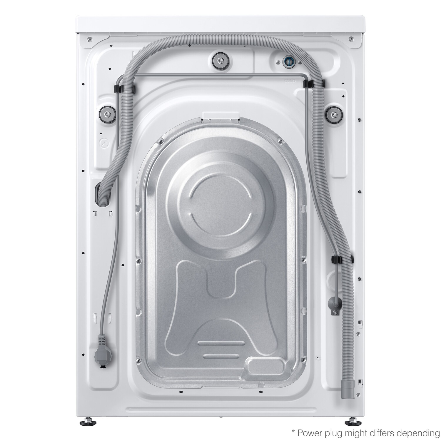 The back of a white washing machine, showing hoses, connections, and a metal panel.