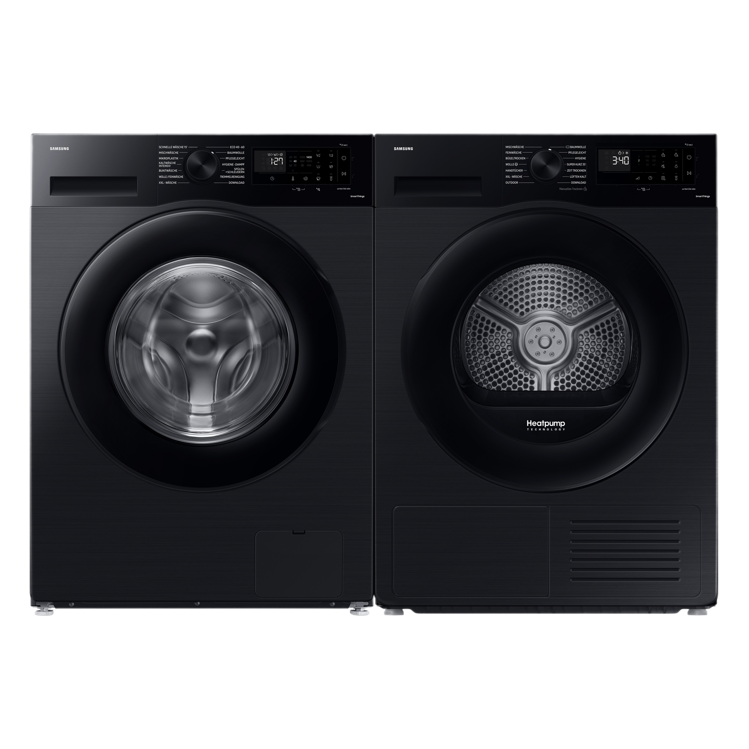 Deux lave-linge et sèche-linge Samsung noirs sont présentés côte à côte.