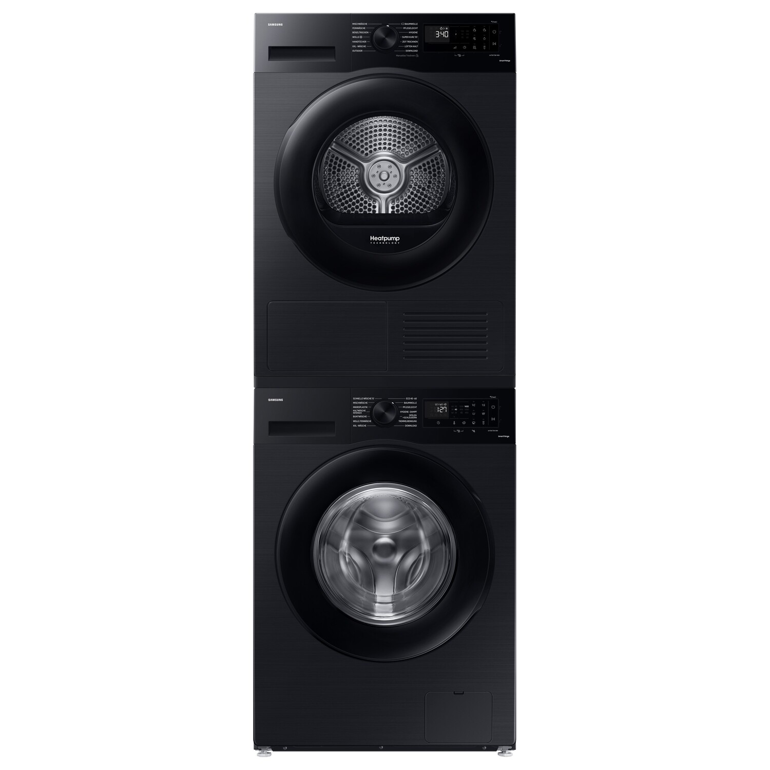 Lave-linge et sèche-linge Samsung noirs empilés, avec panneaux de commande et portes rondes visibles.