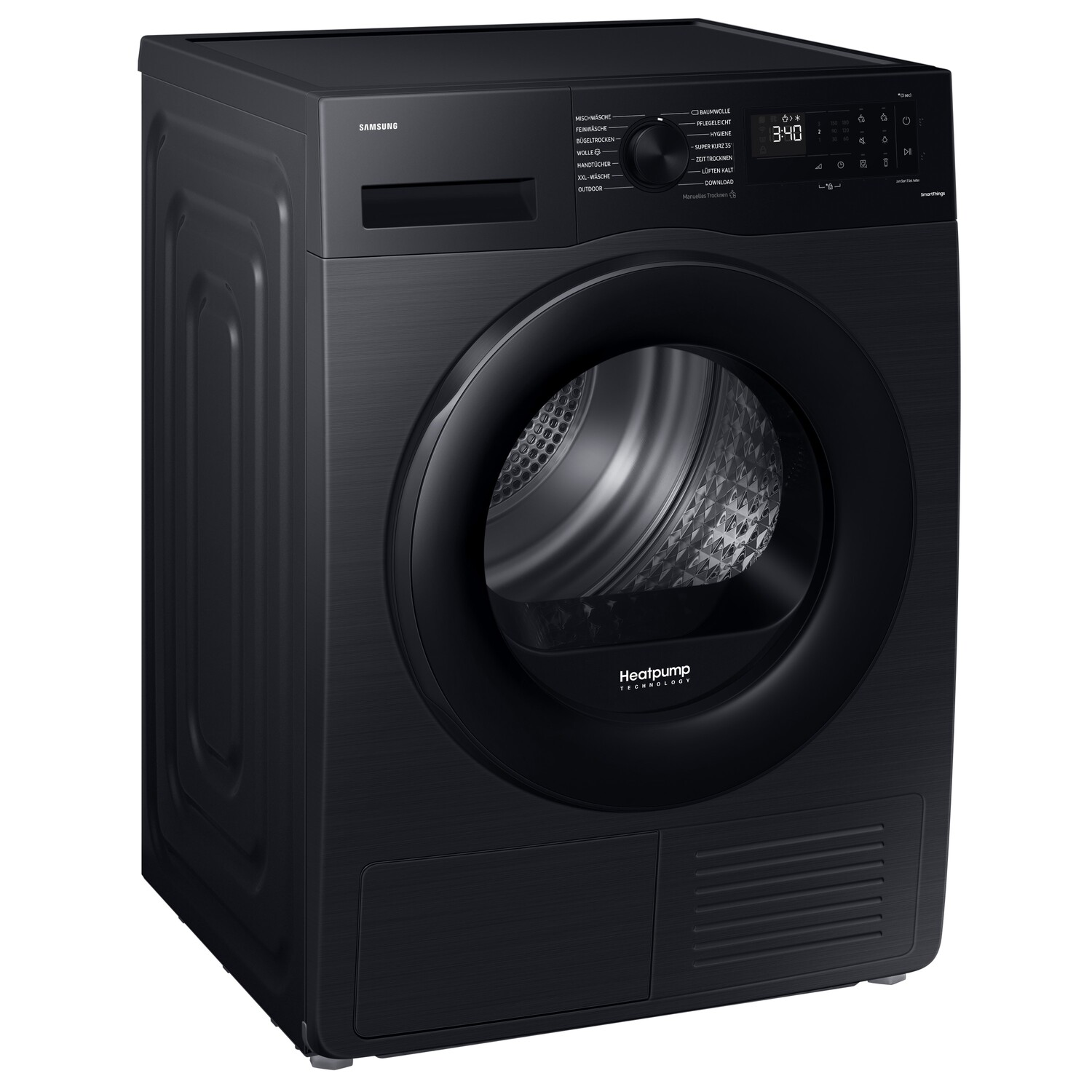 Sèche-linge noir avec porte ronde et panneau de commande. Il possède la technologie Heatpump.