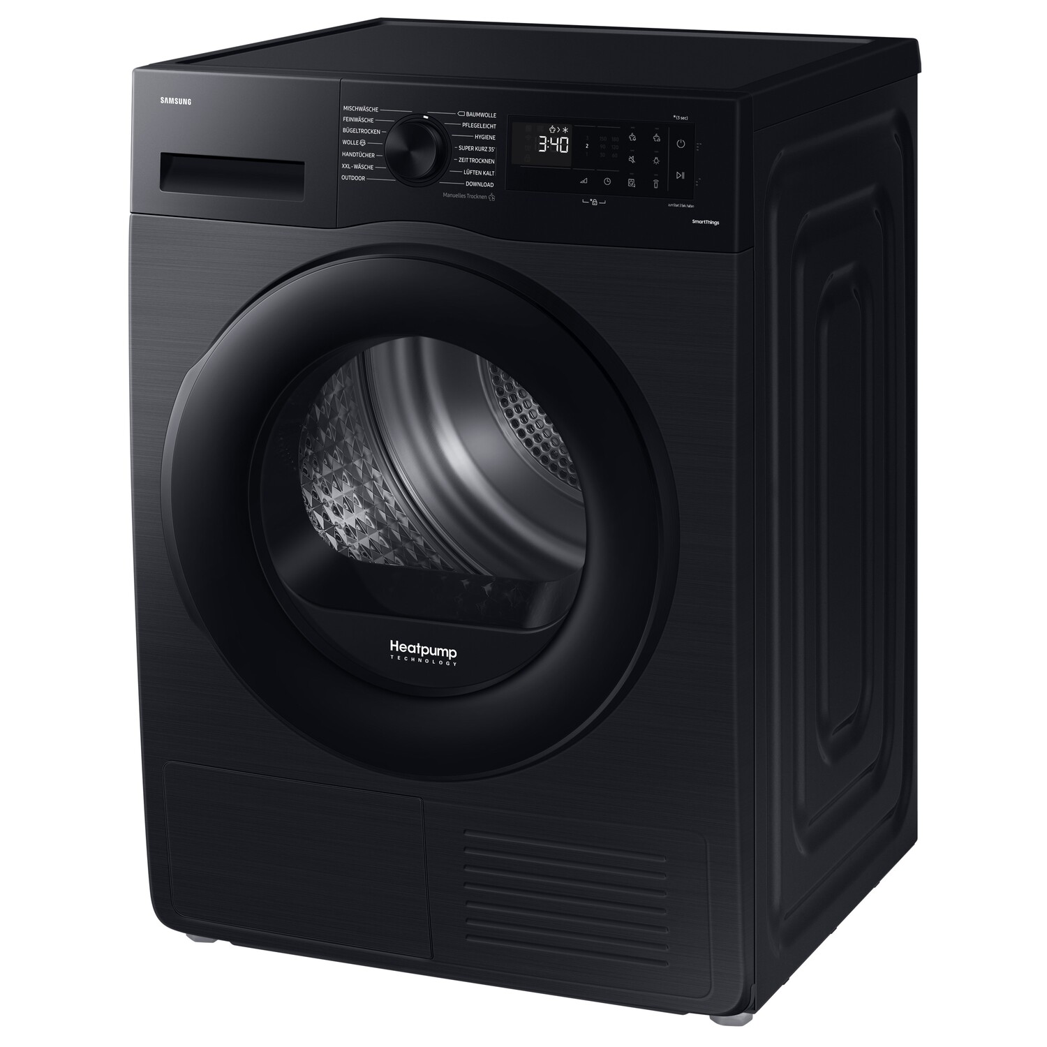 Sèche-linge Samsung noir avec une porte ronde. Il a un panneau de contrôle et le logo Heatpump Technology.
