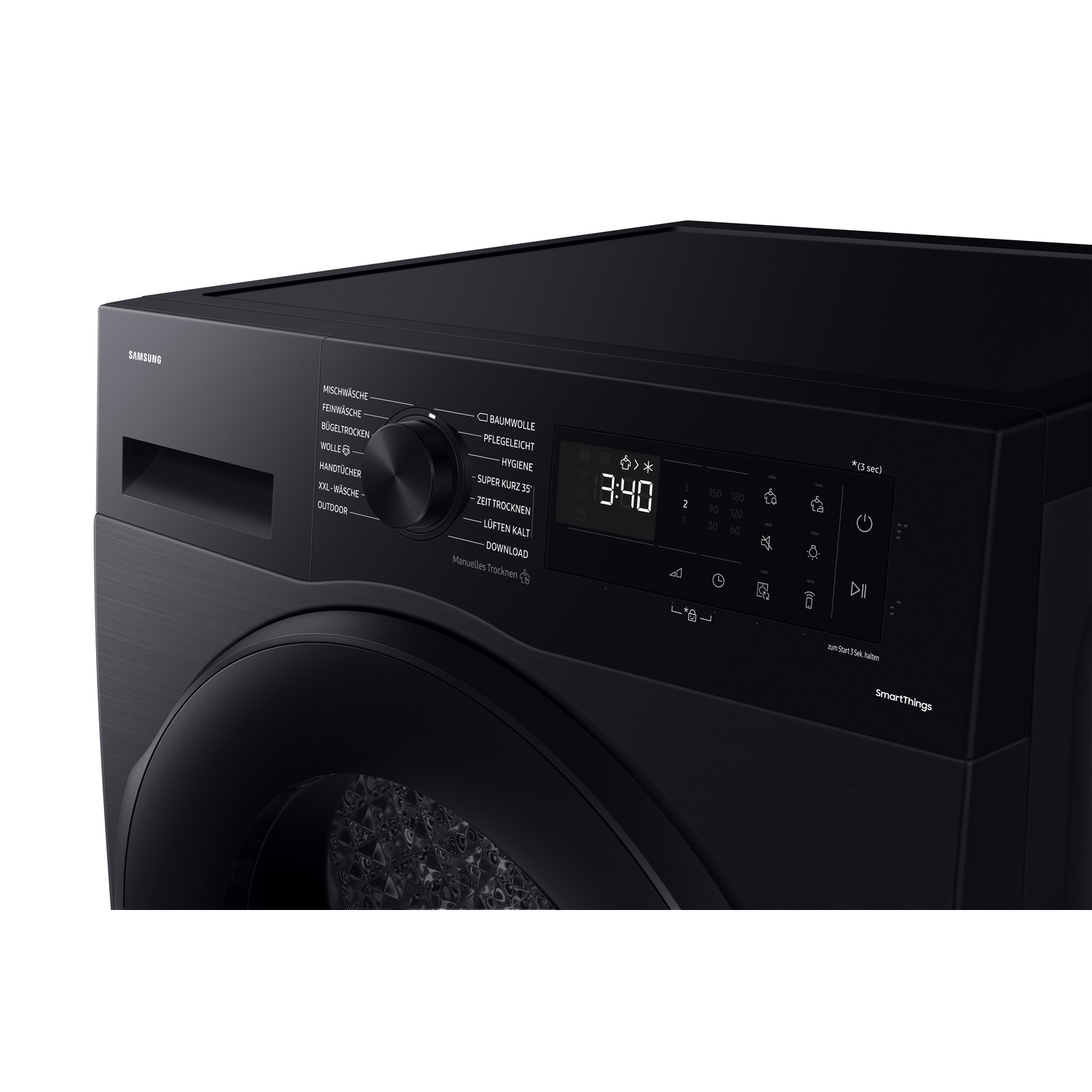 Panneau de commande de lave-linge noir. Les affichages incluent les options de programme et une heure numérique.