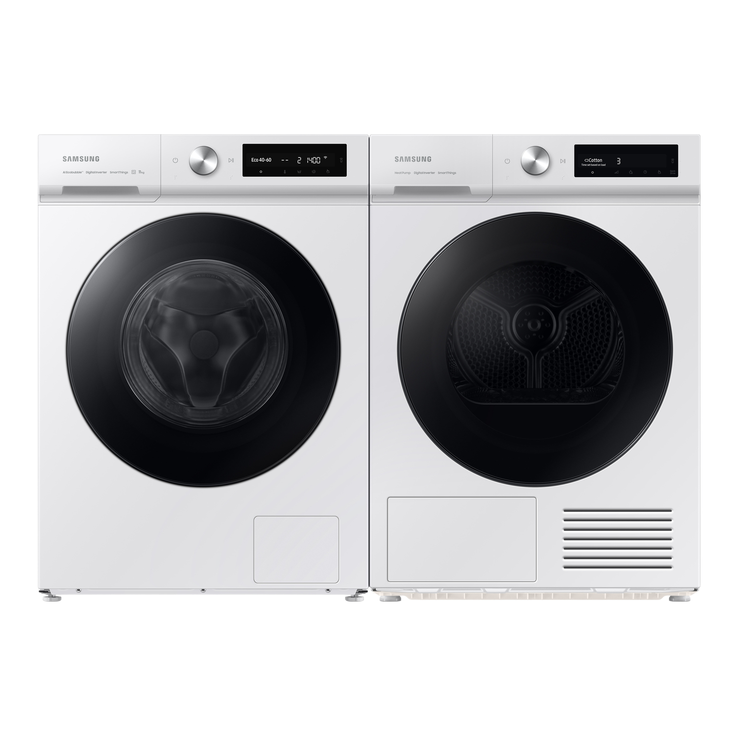 Ensemble lave-linge et sèche-linge Samsung blancs. Les deux ont des portes noires et des écrans numériques.
