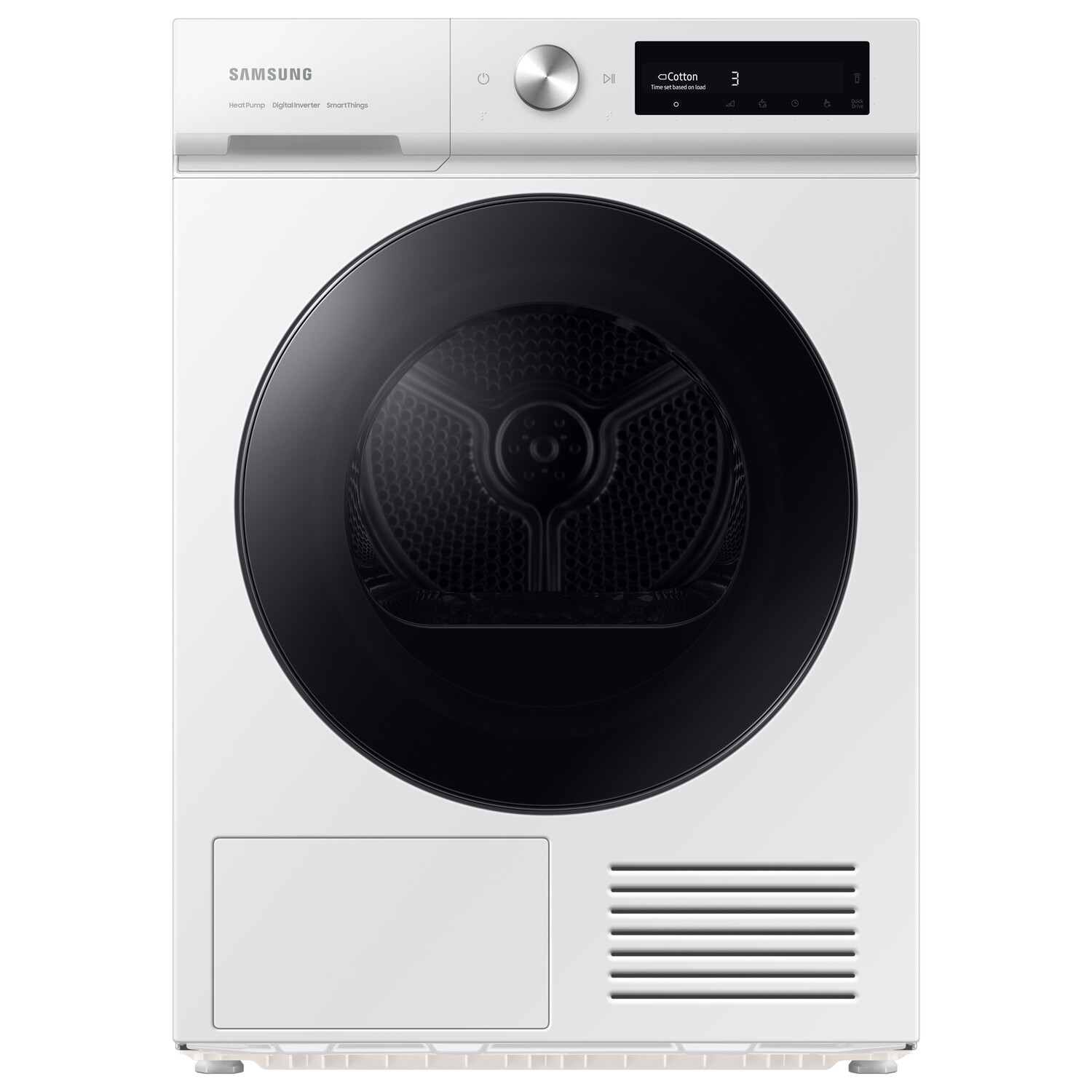Sèche-linge Samsung blanc avec porte noire et affichage numérique. Le sèche-linge est propre et d'aspect moderne.