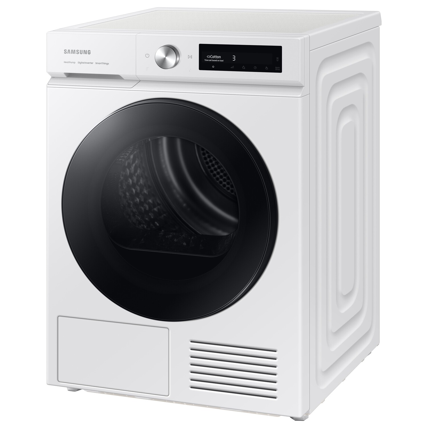 Sèche-linge blanc avec porte noire, panneau de commande et design moderne.