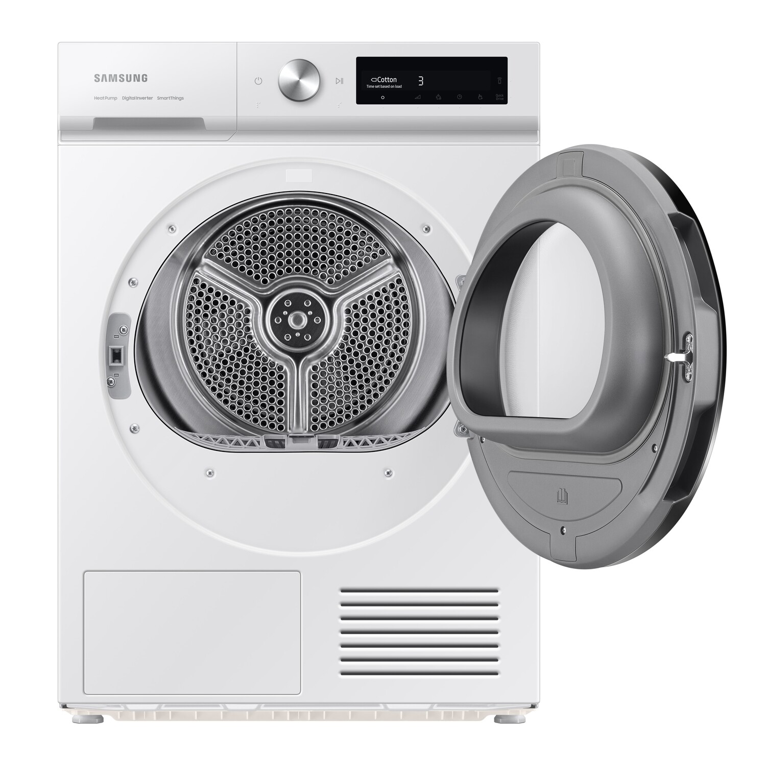 Sèche-linge blanc avec porte ouverte, montrant l'intérieur.