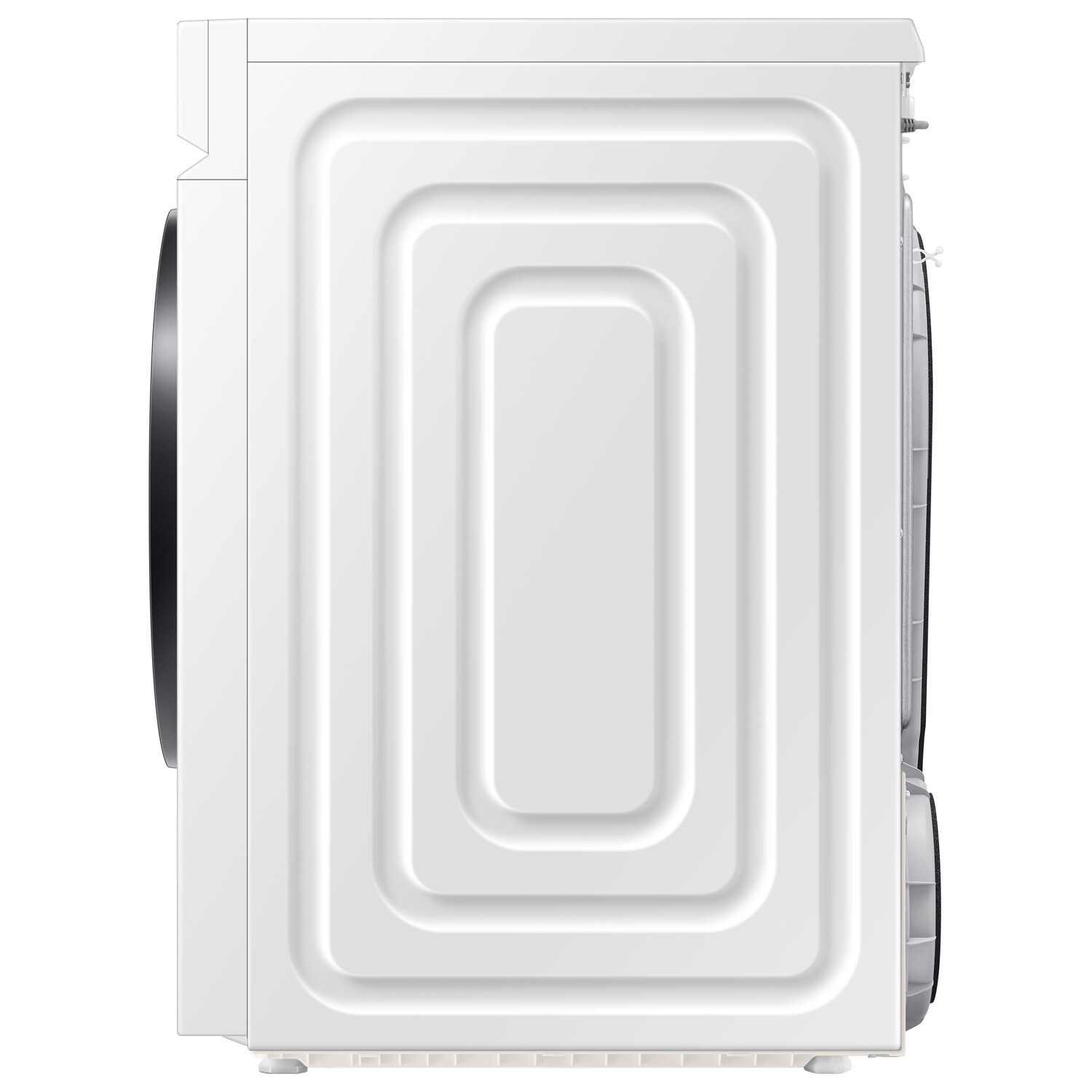 Lave-linge blanc, vue latérale, sur fond blanc. Design rectangulaire avec détails en relief.