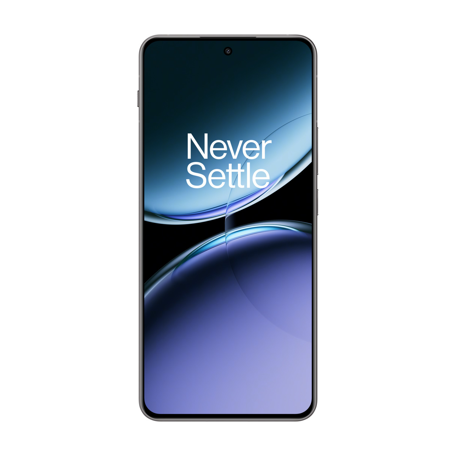 Smartphone met een groot scherm, de woorden Never Settle.