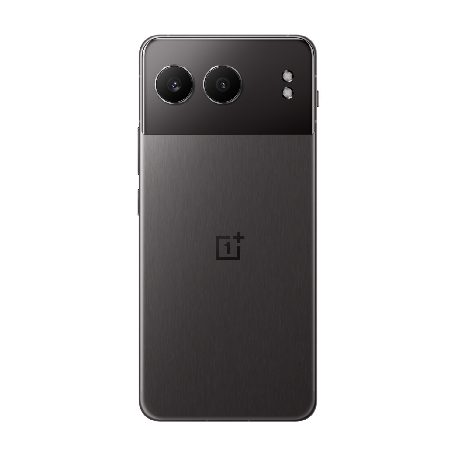 Zwarte smartphone met dubbele camera's en OnePlus-logo op de achterkant. Witte achtergrond.