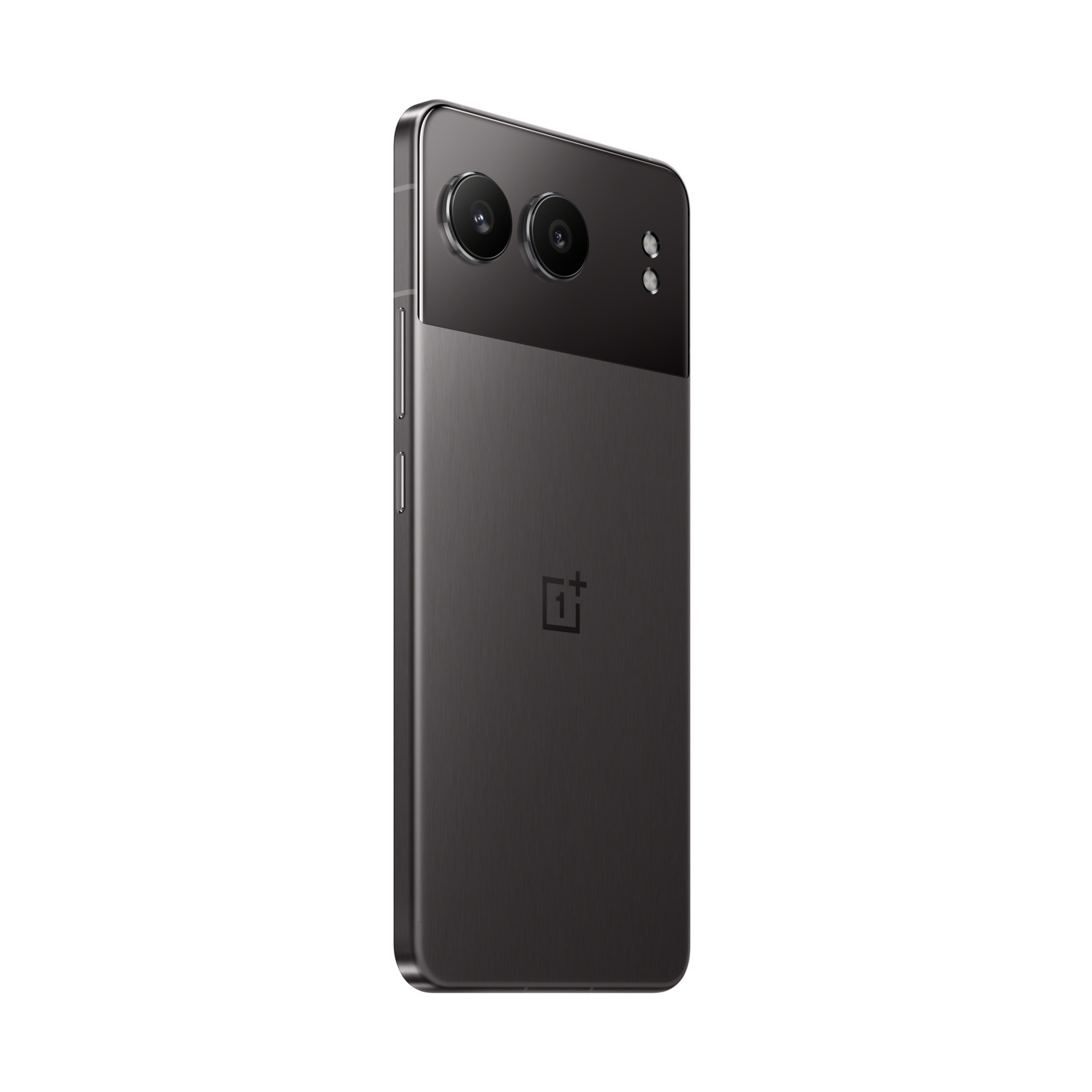 Een zwarte smartphone met dubbele camera's aan de achterkant en een camera aan de zijkant.