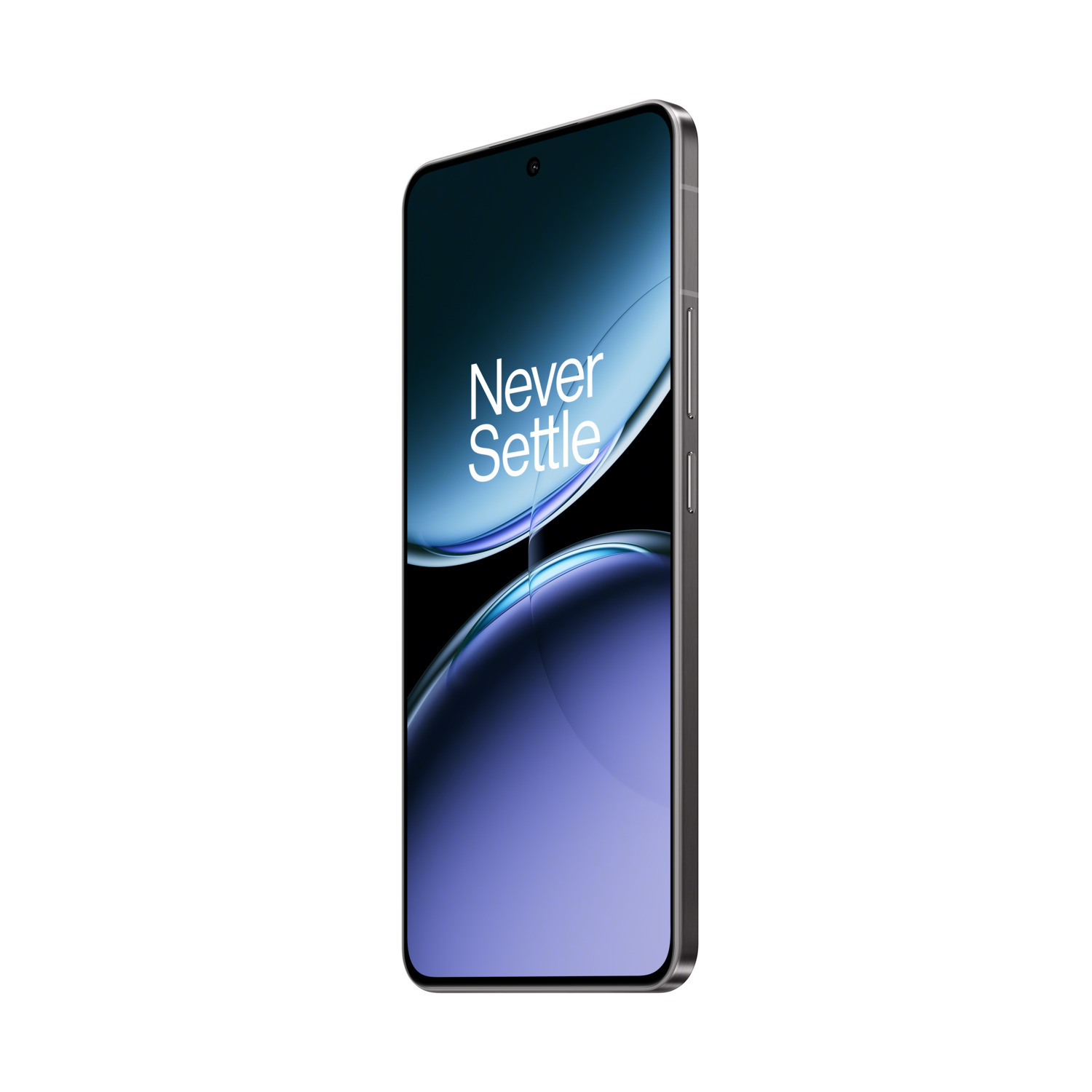 Zilveren smartphone met de woorden "Never Settle" op het scherm, op witte achtergrond.