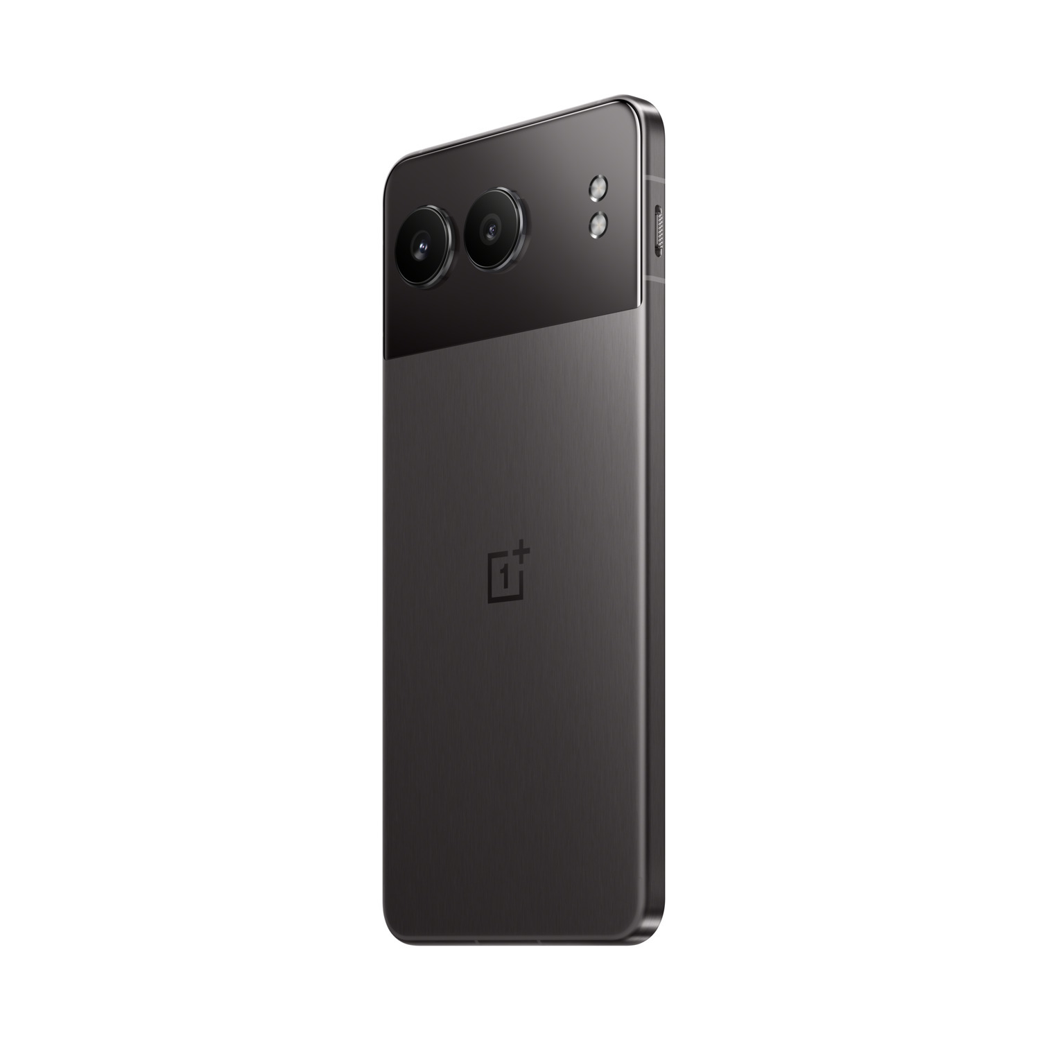 Een zwarte smartphone, twee camera's en een OnePlus-logo. De telefoon staat schuin op een witte achtergrond.