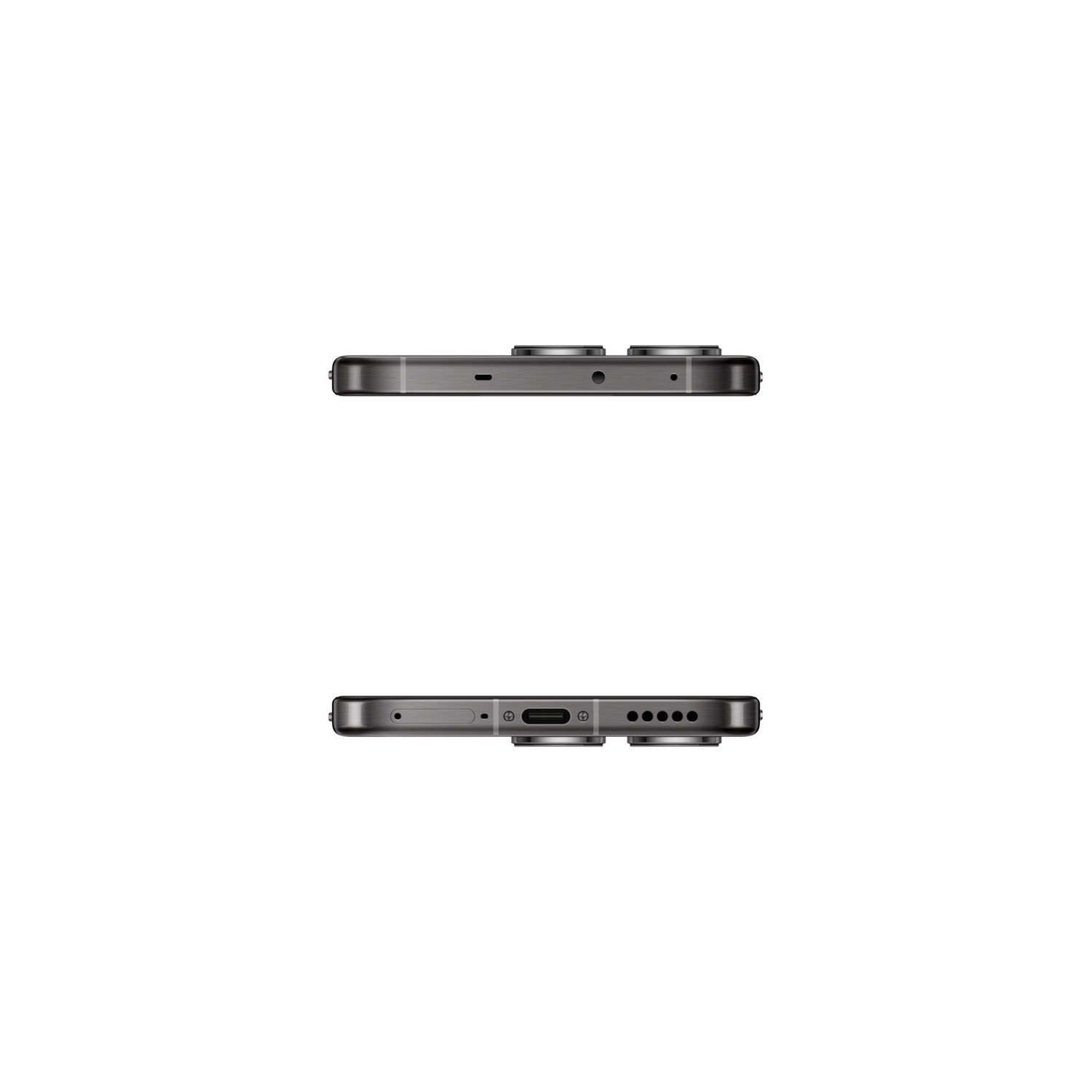 Twee aanzichten van een smartphone, boven en onder, met details van de camera en connector.