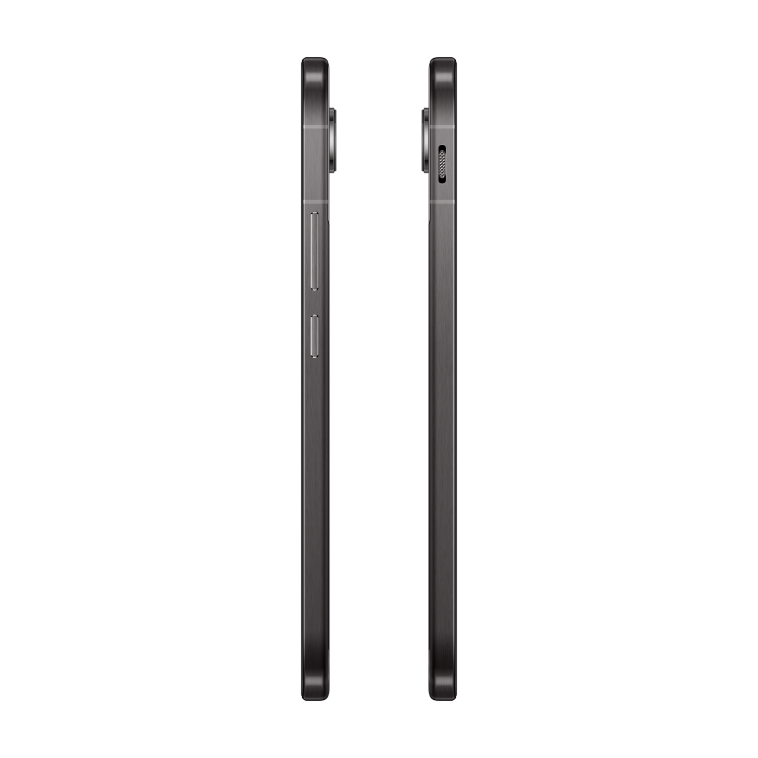 Twee telefoons naast elkaar, van de zijkant bekeken. Ze zijn donkergrijs en hebben camera's.