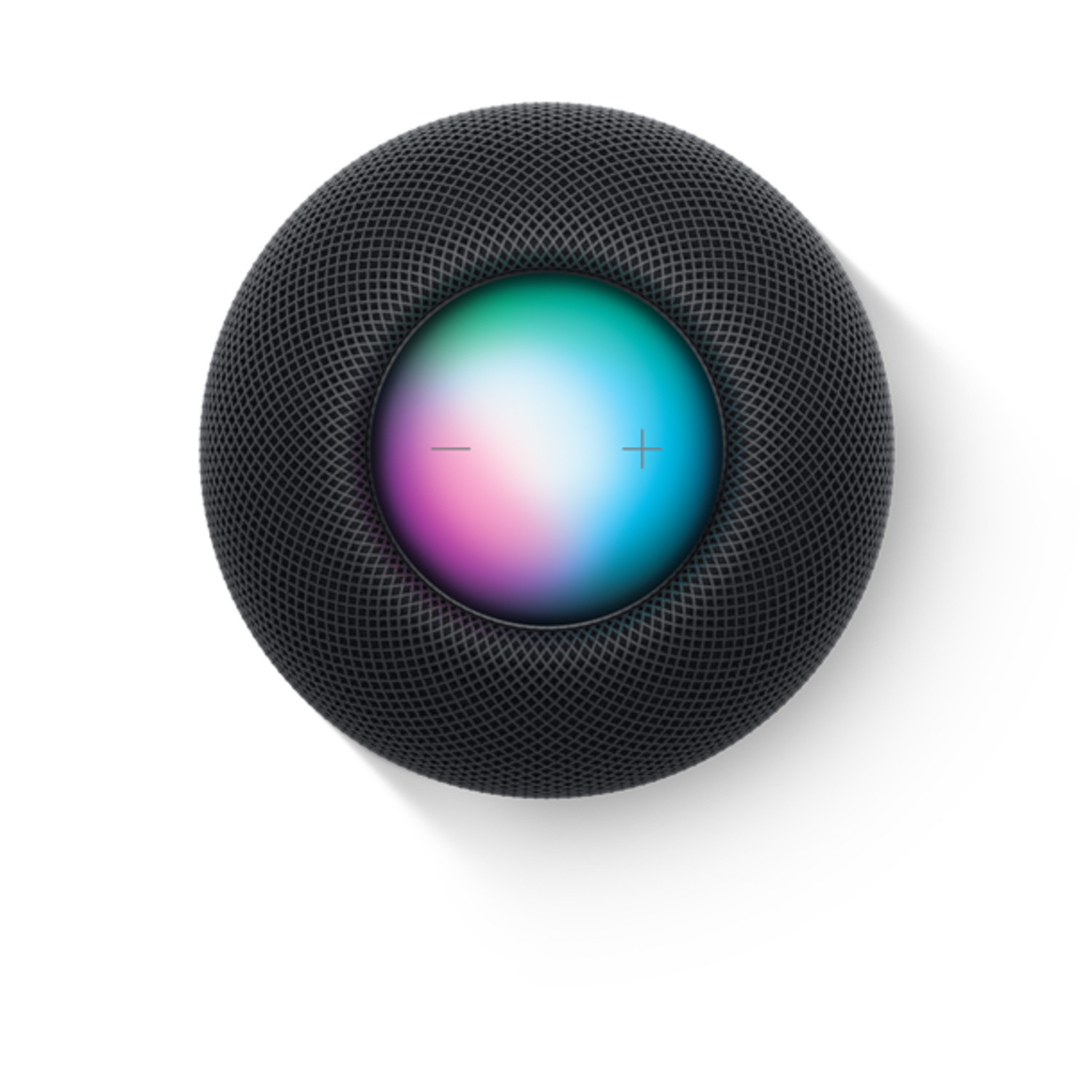 Zwarte mesh Apple HomePod Mini-luidspreker met kleurrijk licht op een witte achtergrond.