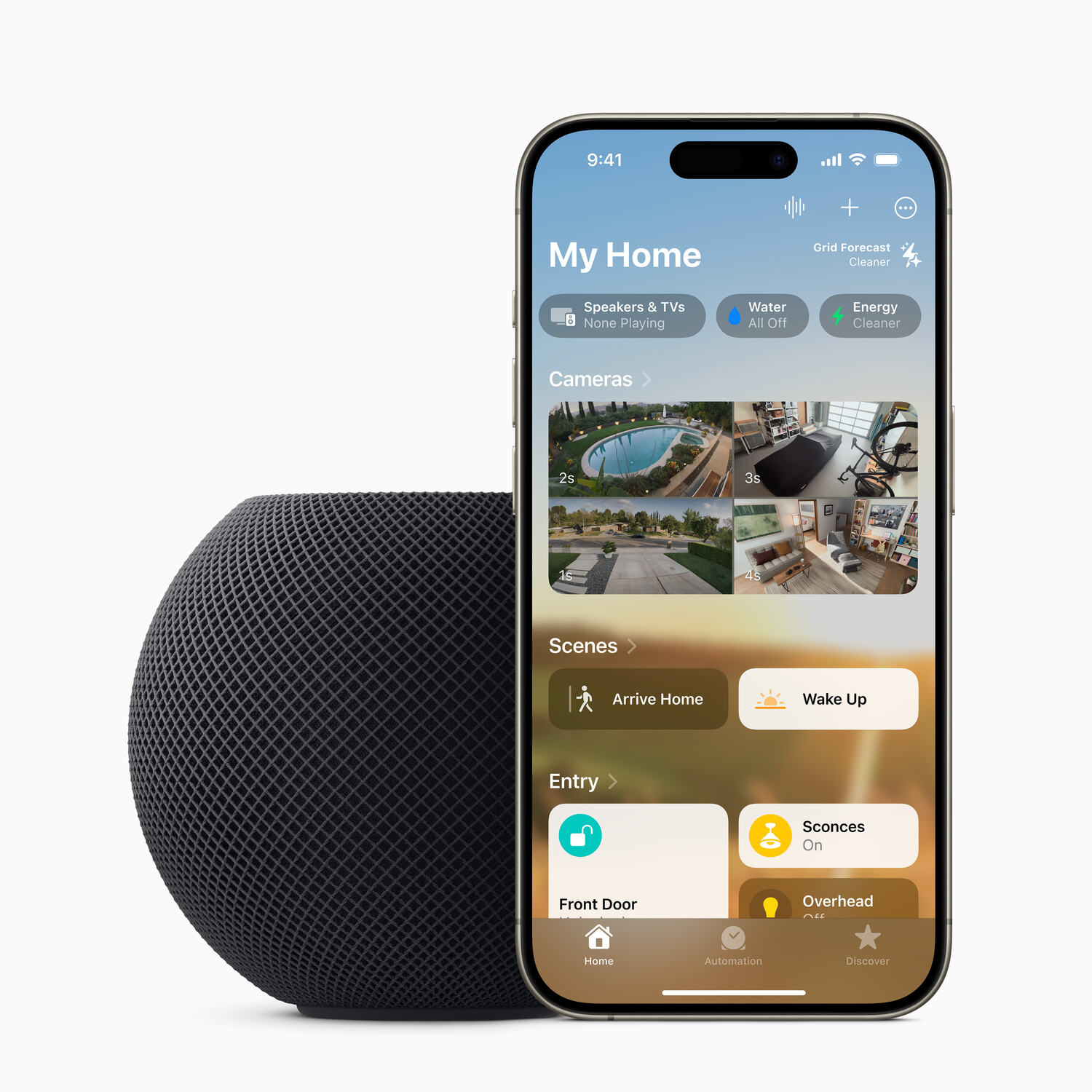 Smartphone met een smart home app-interface met een Home Pod.