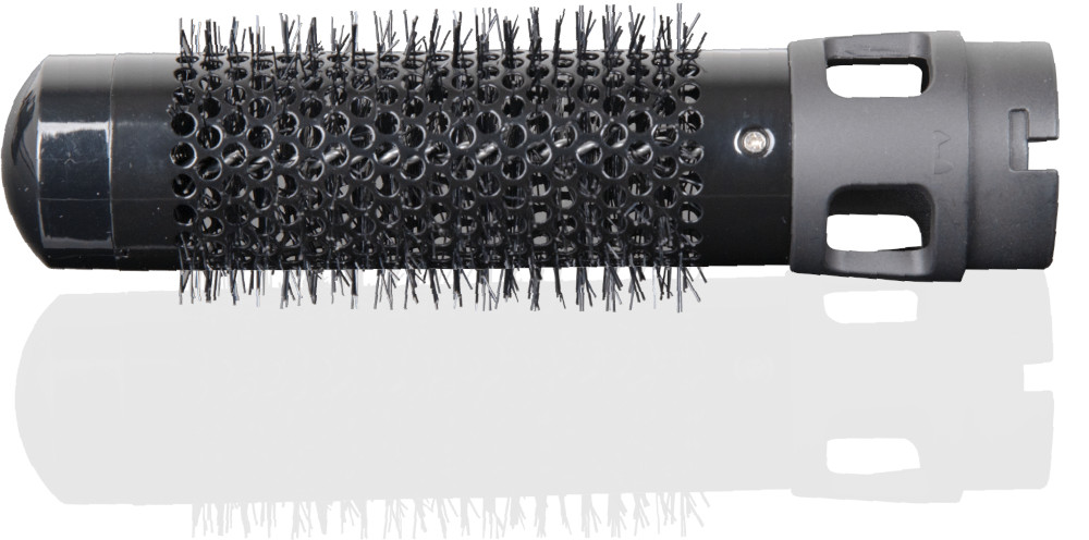 A black hair styling brush with bristles. The brush is reflected on a white surface.