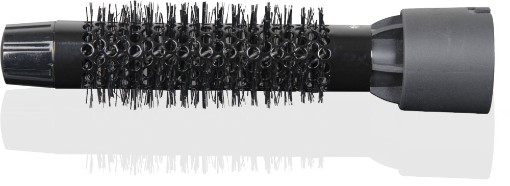 A black hair brush attachment with bristles, and a reflection visible below.