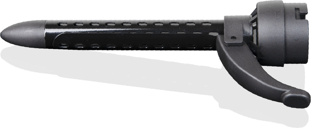 Black metal device with a long, perforated barrel and a handle.