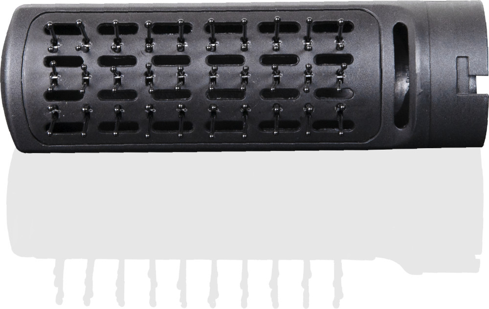 A black brush attachment for a hair dryer. It has many small holes.
