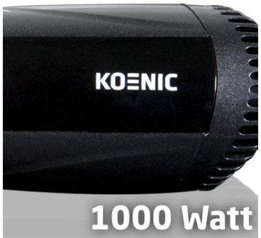 Close-up of a black hair dryer with the word 'KOENIC' and '1000 Watt' printed on it.